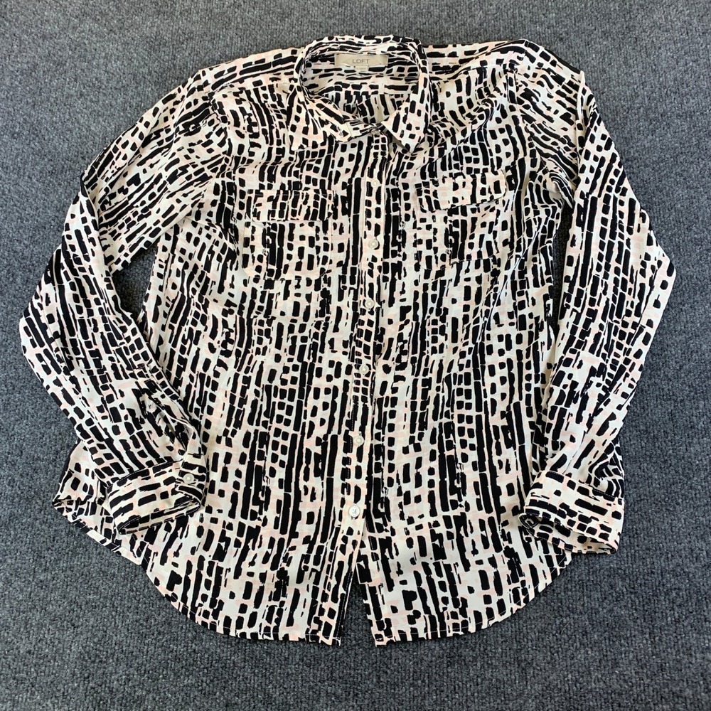Ann Taylor‎ LOFT Womens Small Black Peach Abstract Geometric Button Down Blouse